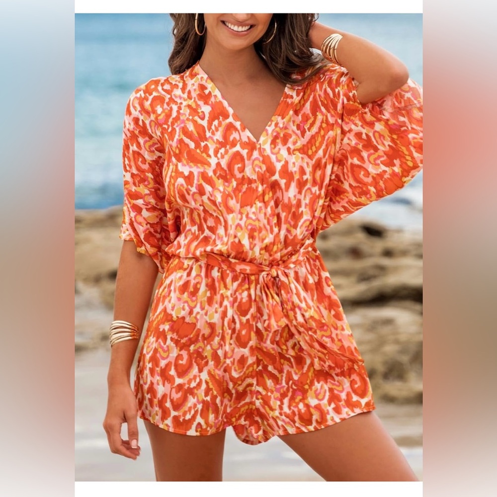 Tropical Sunset Romper Womens S Orange Pink Leopard Print Resort Vibes - Picture 5 of 11